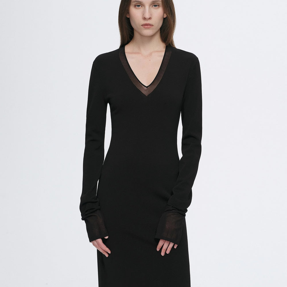 Elegant and intellectual triacetate Tencel blended skin-friendly transparent splicing design V-neck dress