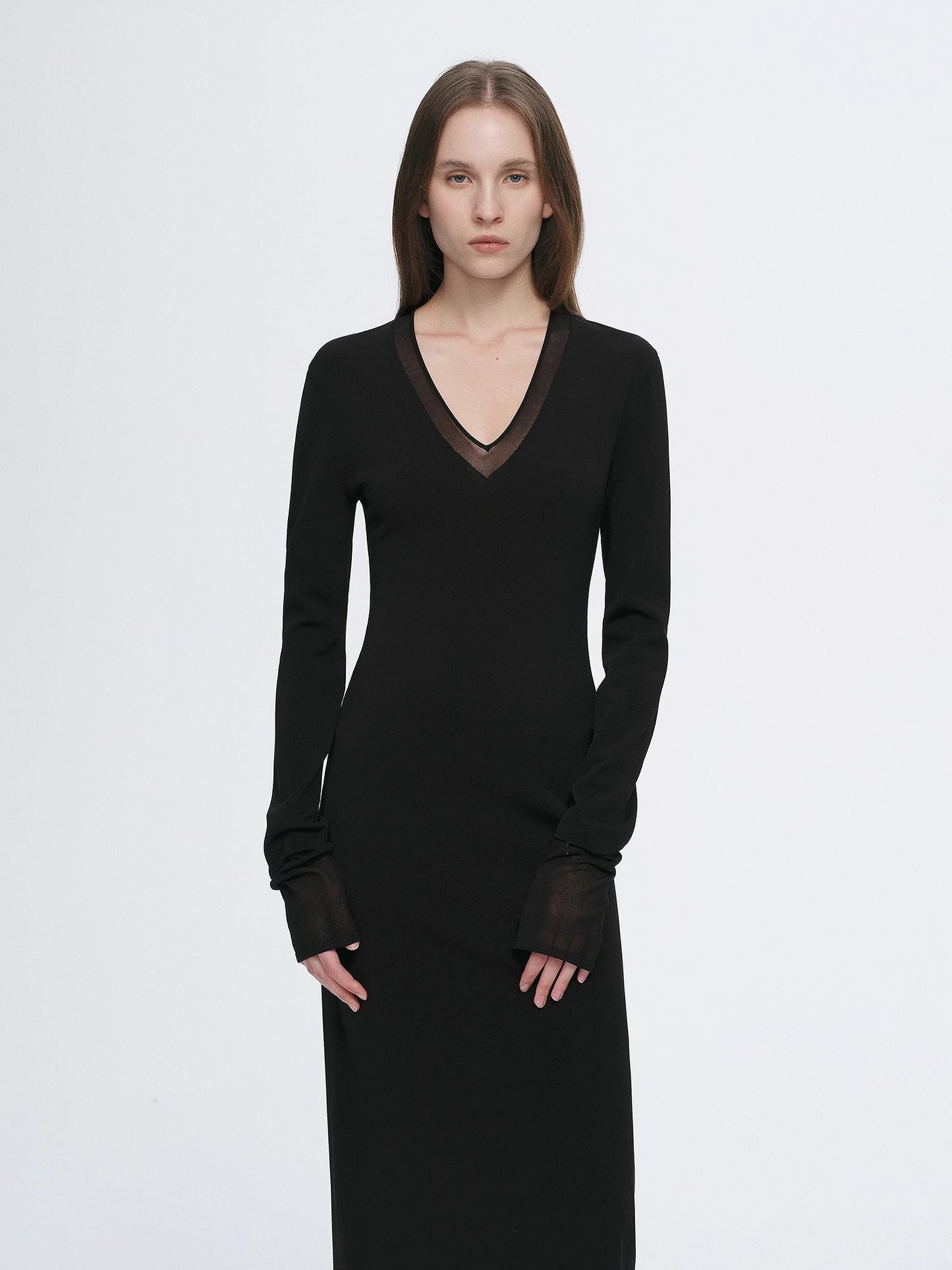 Elegant and intellectual triacetate Tencel blended skin-friendly transparent splicing design V-neck dress