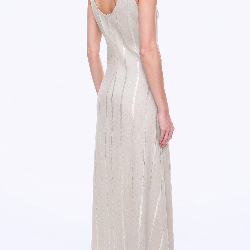 
                  
                    "Milan Holiday" Silver Striped Linen V-Neck Drape Dress
                  
                