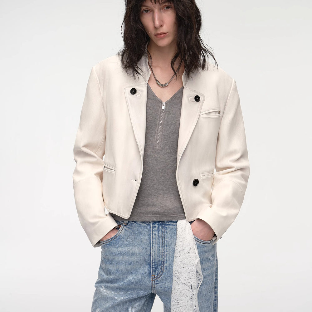 "Roman Story" Stand Collar Suit Sheepskin Leather Short Jacket