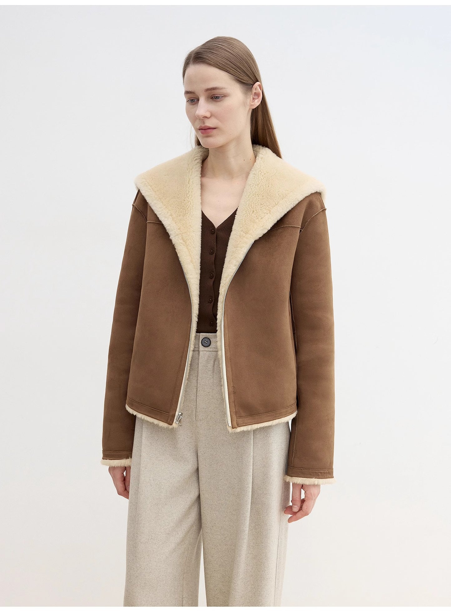 Floating Dune Contrast Navy Collar Shearling Jacket
