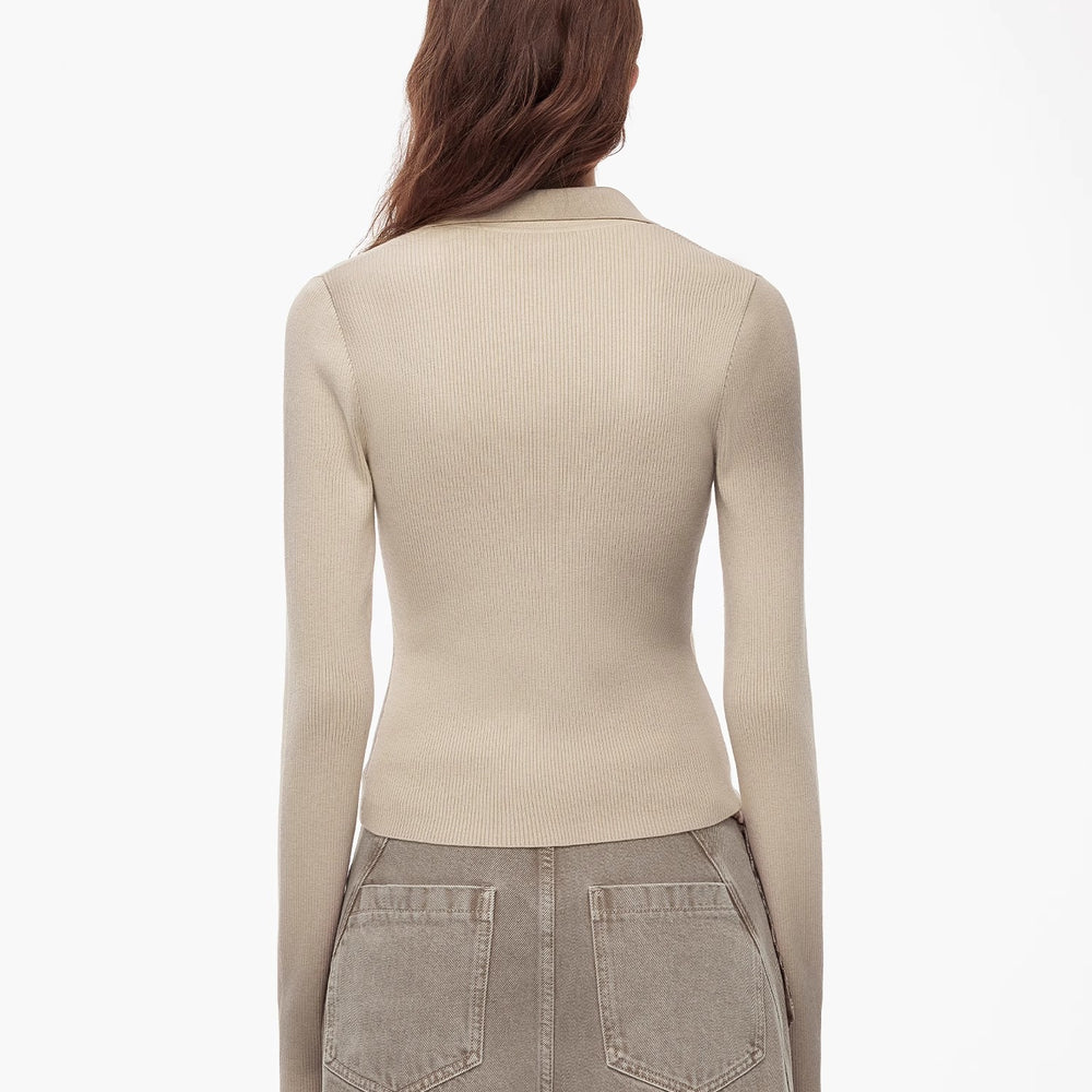 
                  
                    "Artistic Abstract" sfumato distressed printed merino wool waisted polo collar long sleeve short knit sweater
                  
                