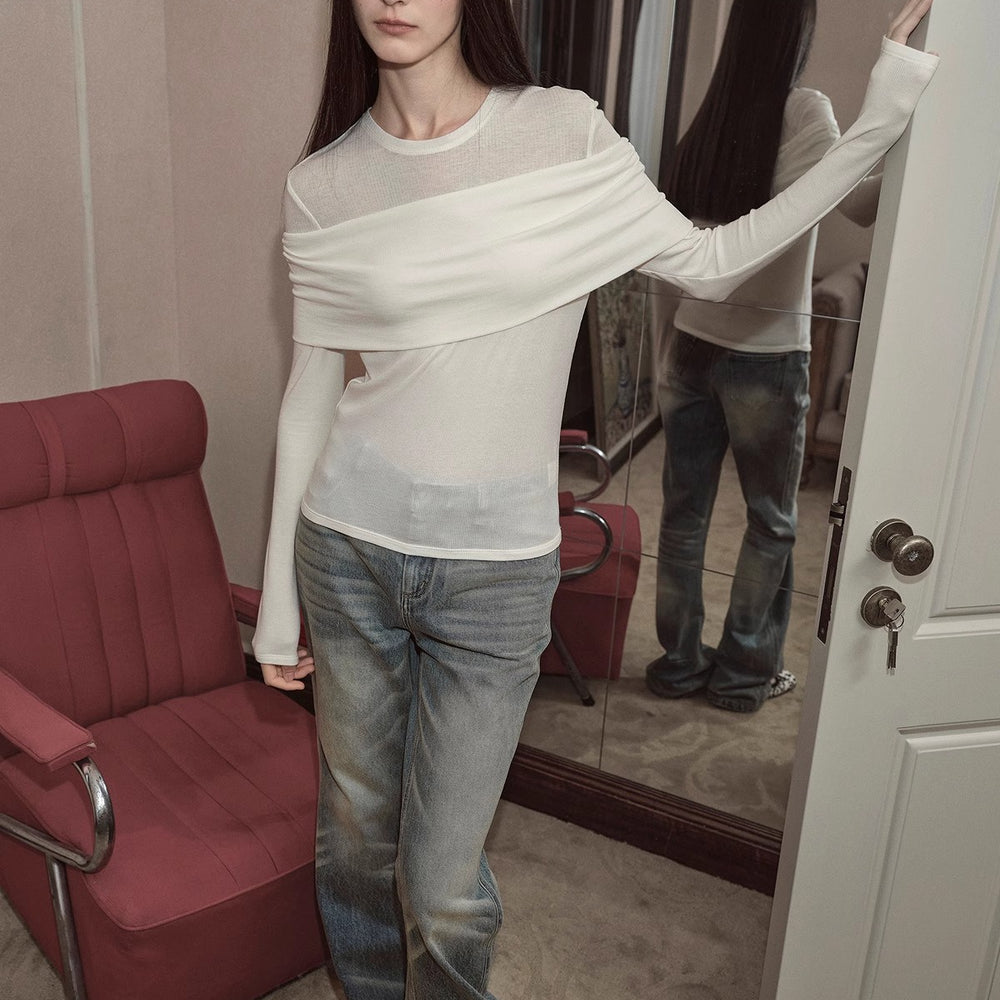 "Modern Tricks" personalized layered Tencel wool fake two-piece splicing one-shoulder versatile knitted top