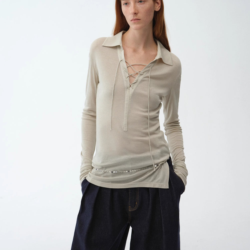 
                  
                    "Eiffel" light luxury silver silk knitted slightly transparent tie lapel slim drape long sleeve knitted top
                  
                