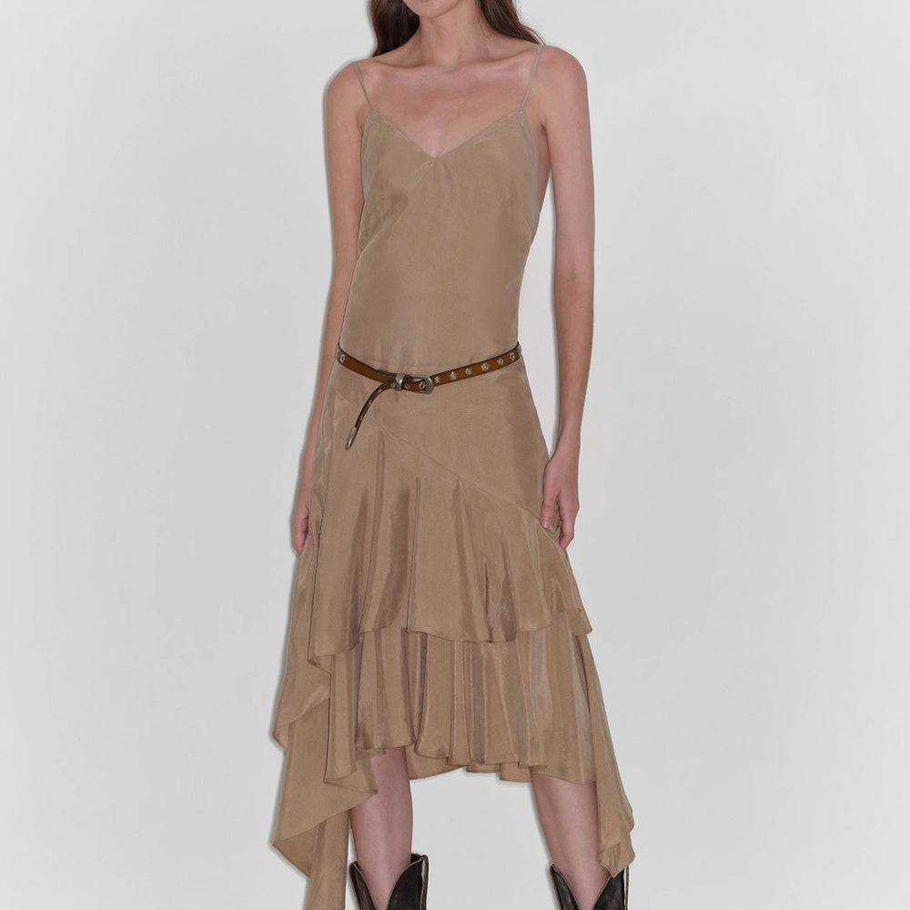 "Heart-beating Invitation" Lazy copper-ammonia rayon V-neck irregular adjustable mid-length suspender dress