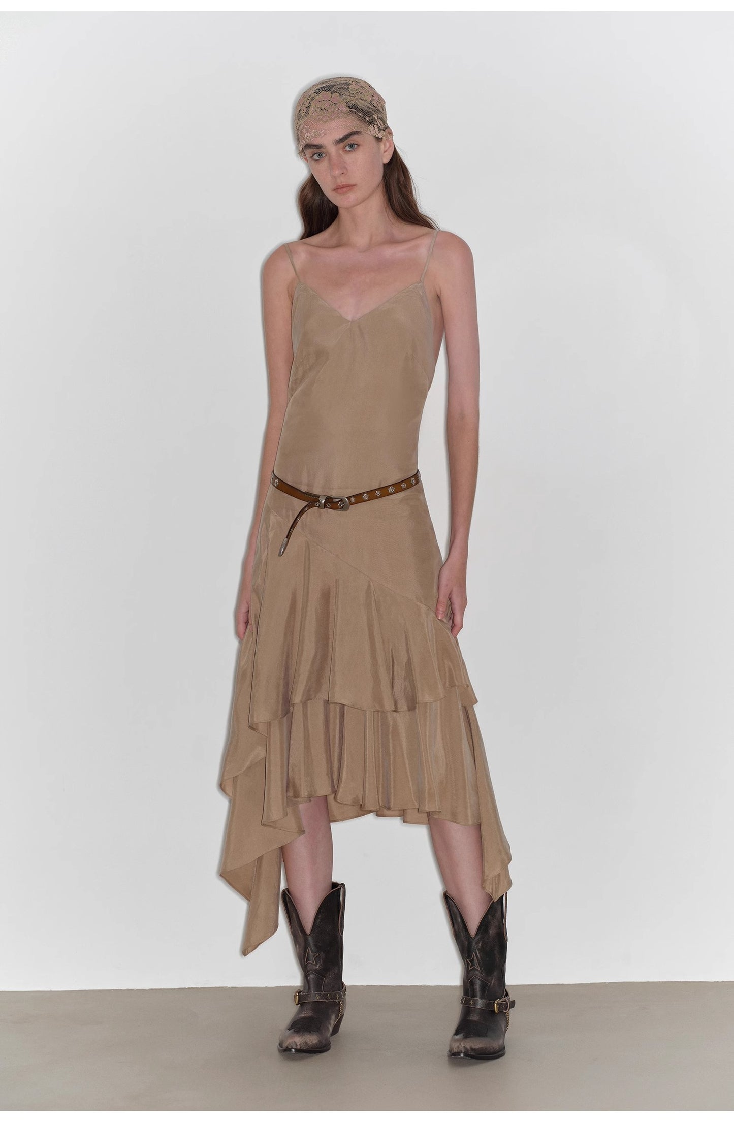 "Heart-beating Invitation" Lazy copper-ammonia rayon V-neck irregular adjustable mid-length suspender dress