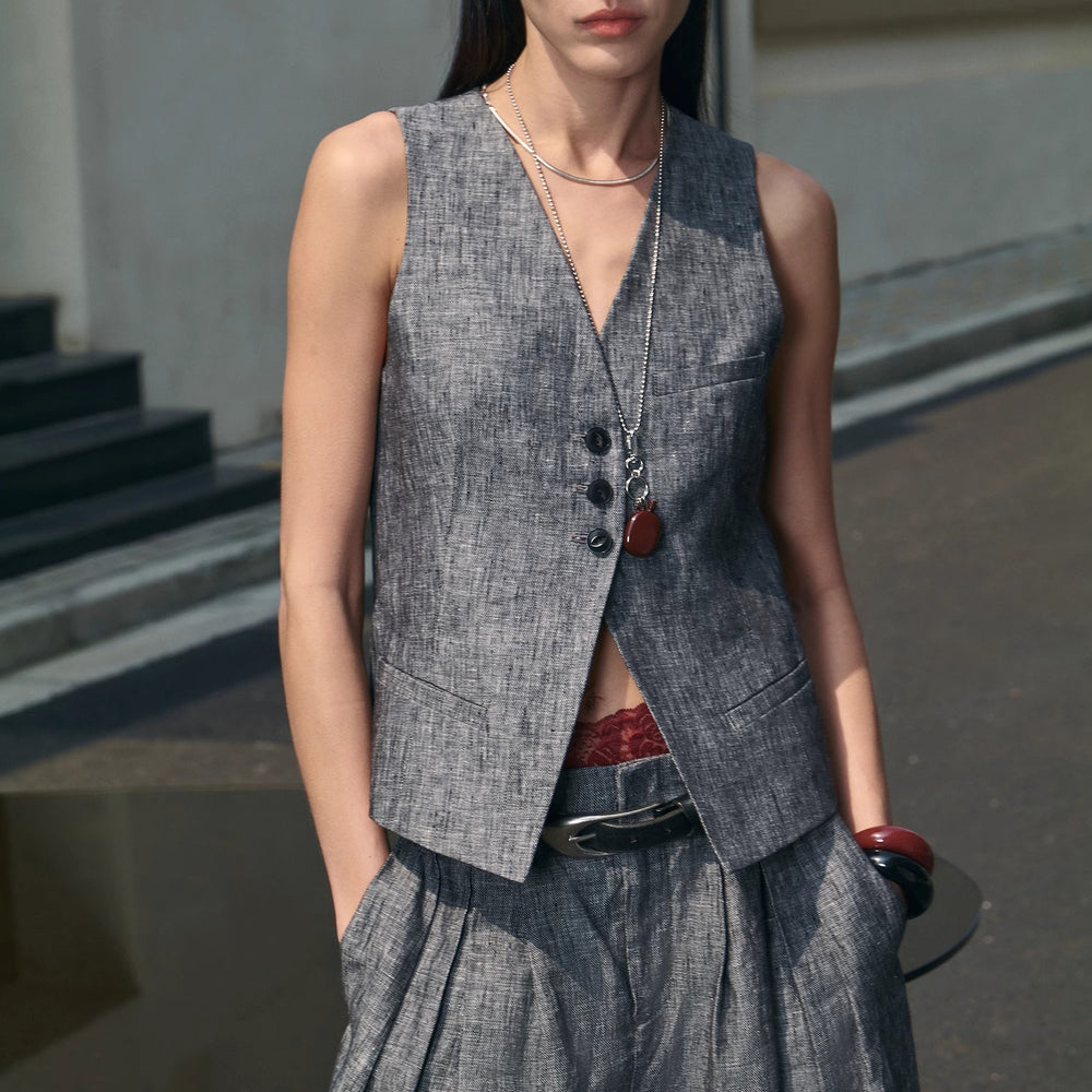 "Old Money Space" Linen draped vest and straight trousers suit