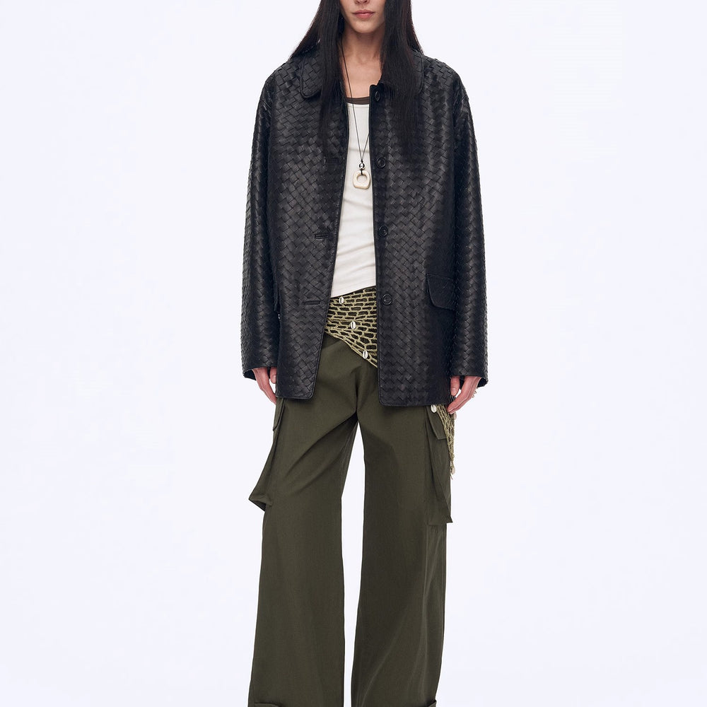 "Rembrandt Night" New Zealand imported lambskin perforated woven leather jacket spring