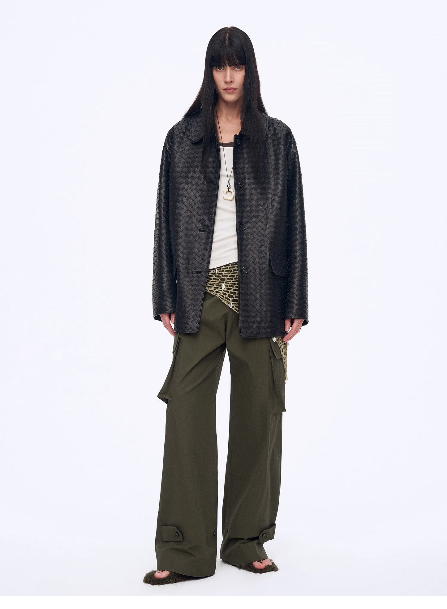 "Rembrandt Night" New Zealand imported lambskin perforated woven leather jacket spring