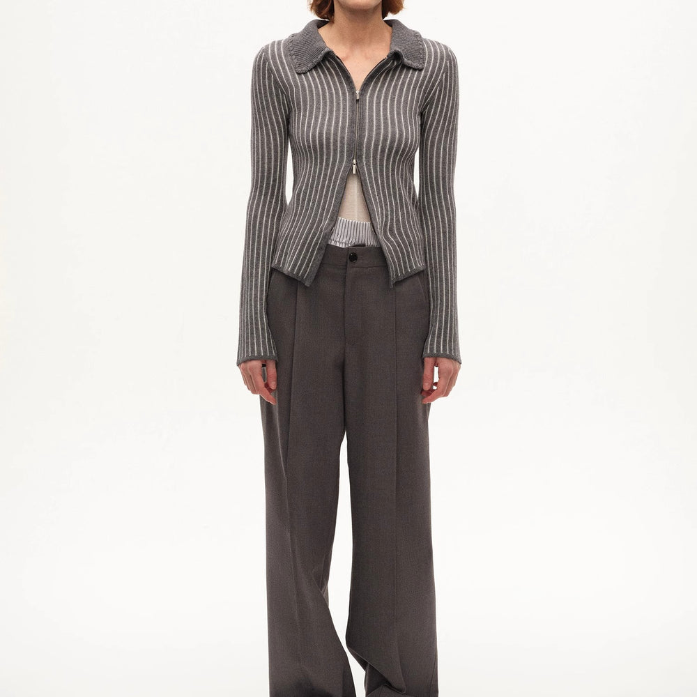 [FF×JW joint striped fabric] Slim-fitting crocheted lapel color-blocked striped comfortable wool knitted cardigan