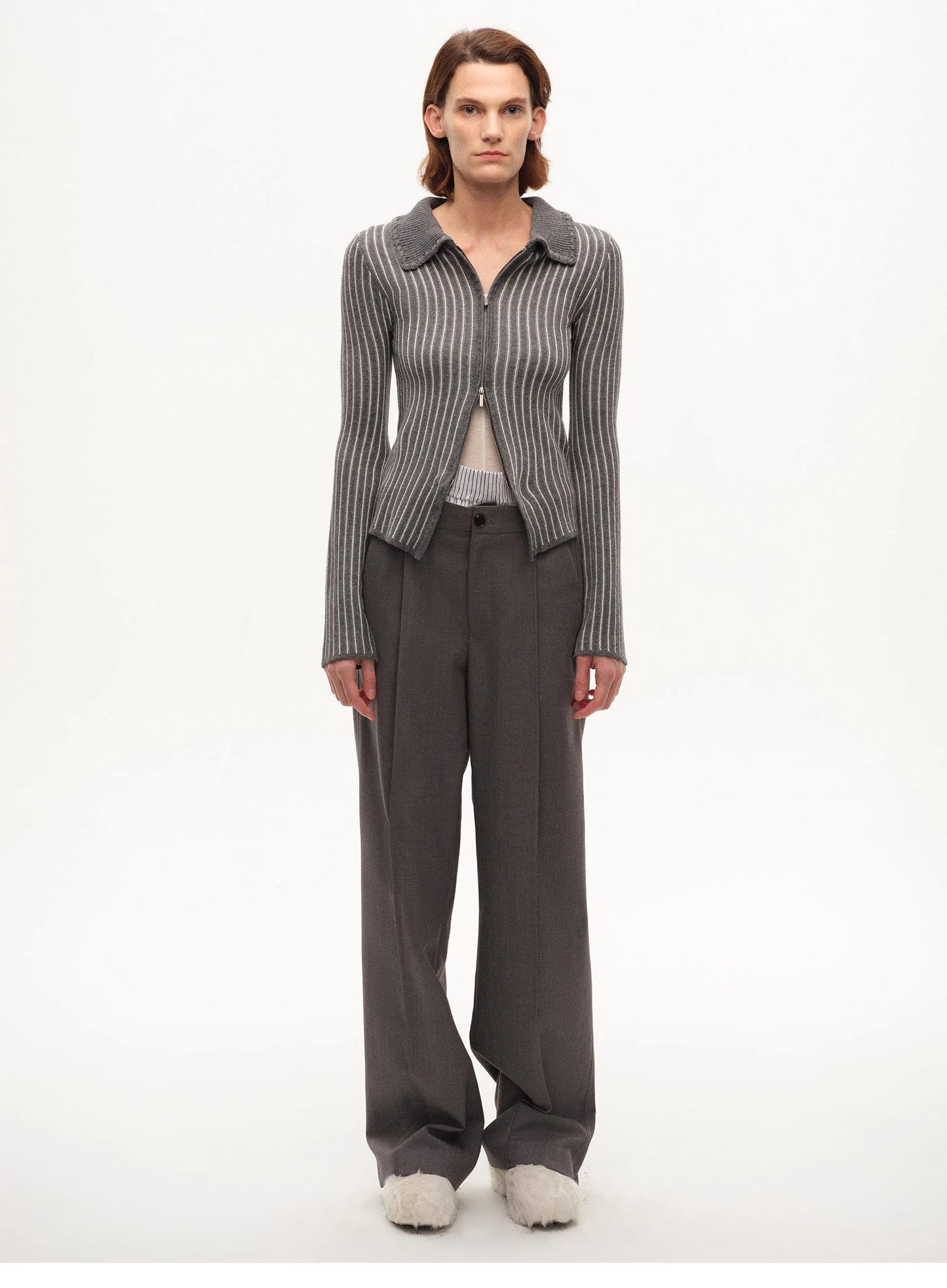 [FF×JW joint striped fabric] Slim-fitting crocheted lapel color-blocked striped comfortable wool knitted cardigan