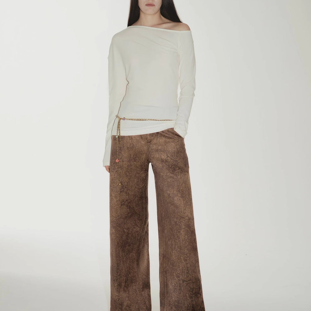 
                  
                    "Vintage Walk" Retro nostalgic chenille suede mid-rise cashew smudge print scimitar pants
                  
                