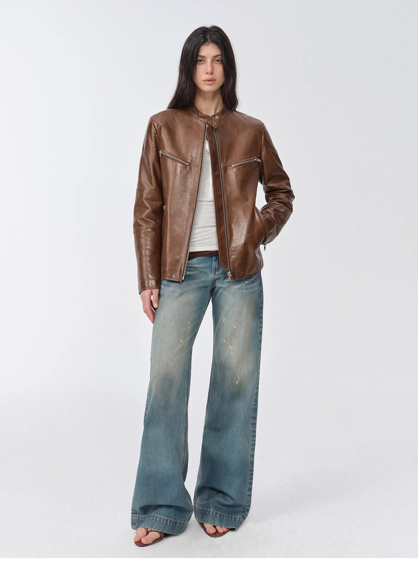"Manhattan Dark Night" New Zealand imported waxed sheepskin/cowhide vintage motorcycle leather jacket