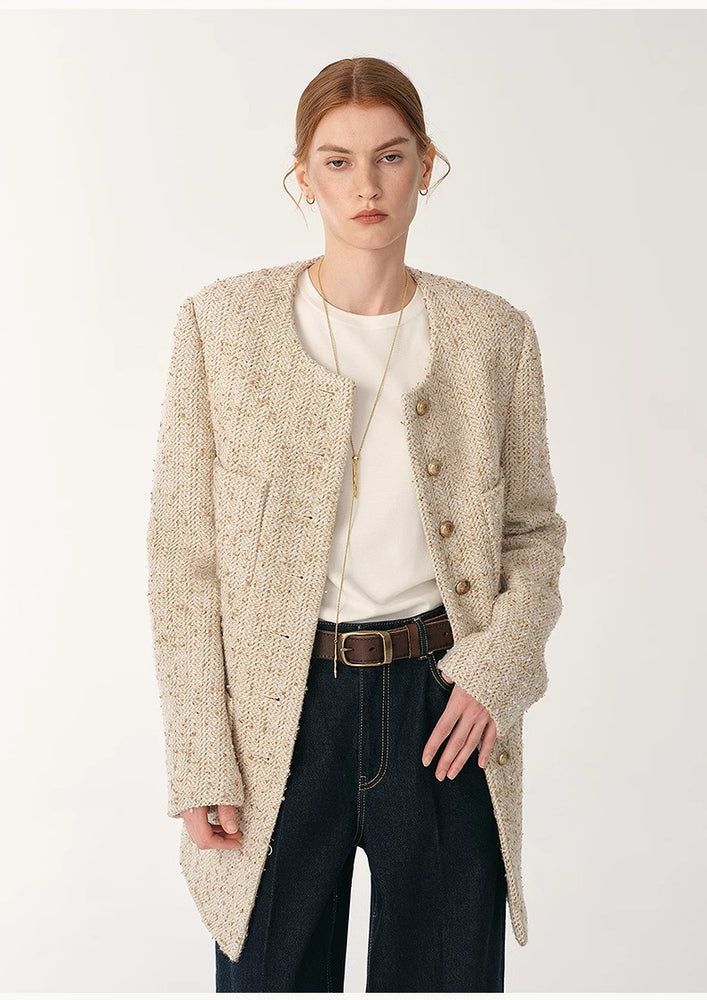 
                  
                    Heavy wool tweed high-end exquisite round neck patch pocket slim Chanel jacket for women
                  
                