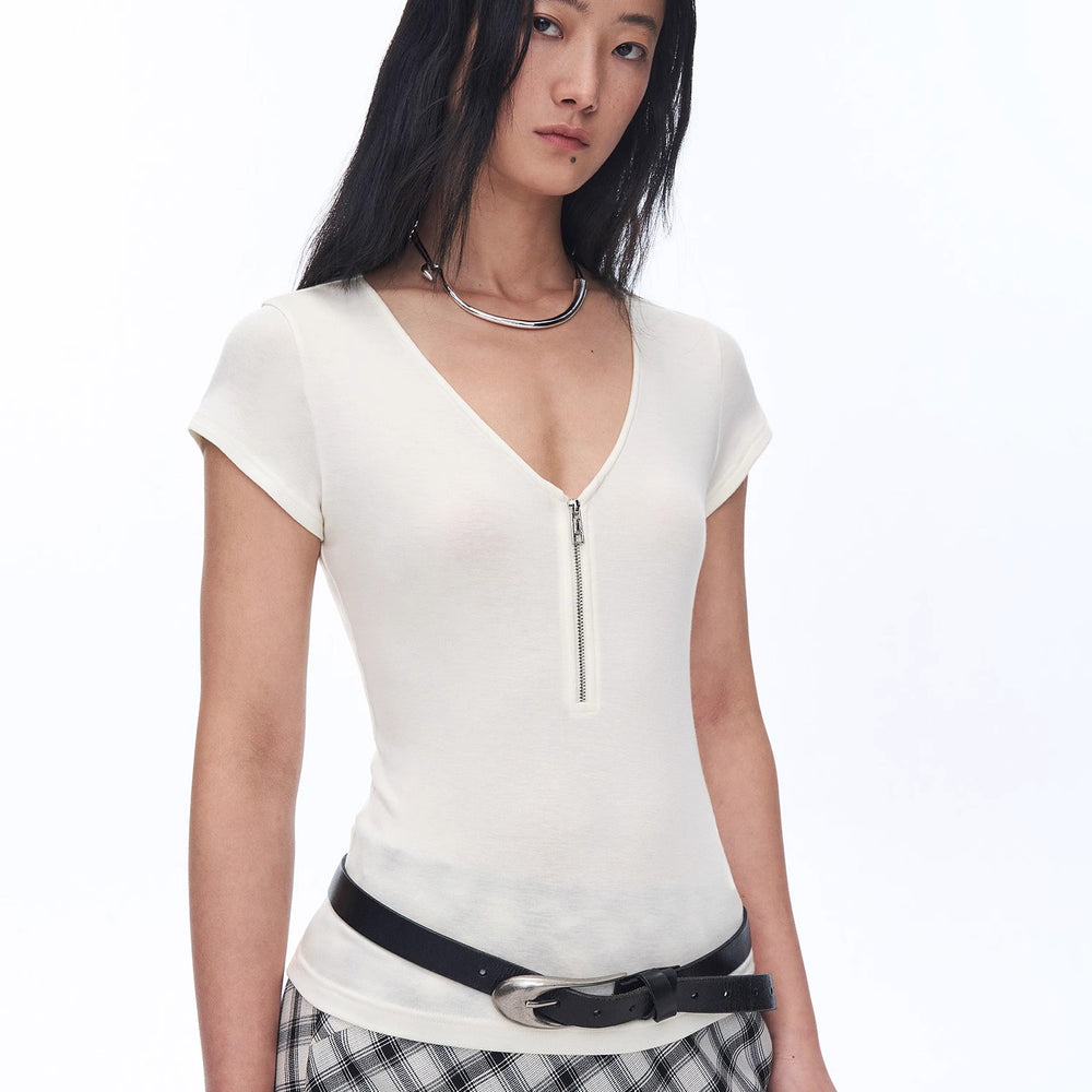 "Simple Color Silent Film" Australian Wool Tencel V-neck Zipper T-shirt