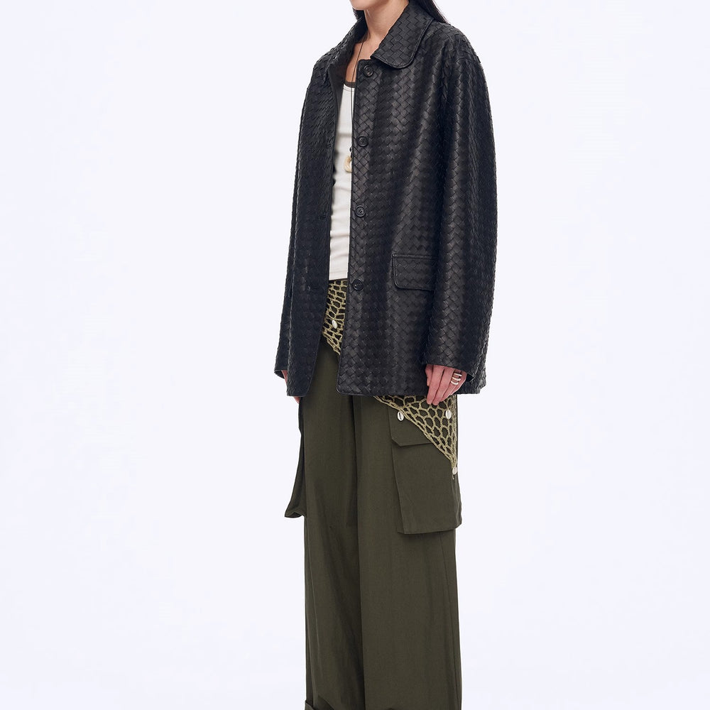 
                  
                    "Rembrandt Night" New Zealand imported lambskin perforated woven leather jacket spring
                  
                
