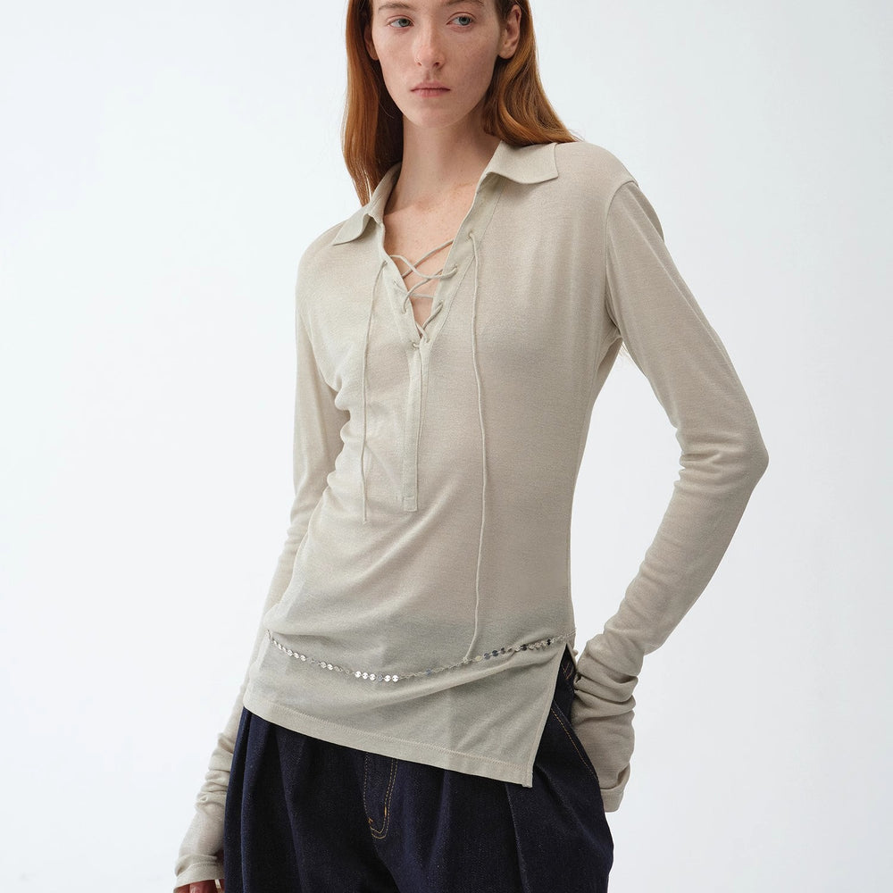 
                  
                    "Eiffel" light luxury silver silk knitted slightly transparent tie lapel slim drape long sleeve knitted top
                  
                