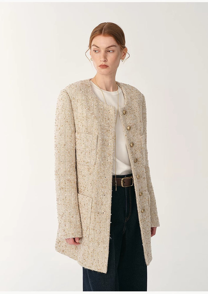 
                  
                    Heavy wool tweed high-end exquisite round neck patch pocket slim Chanel jacket for women
                  
                