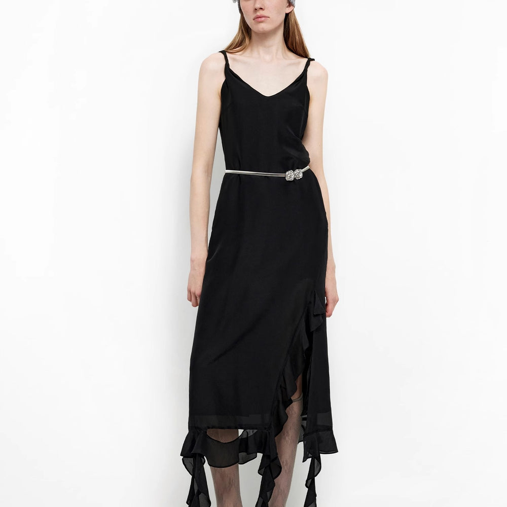 
                  
                    "Rosy Ombre" Acetate Mulberry Silk V-Neck Ruffled Draped Twist Strap Summer Dress
                  
                