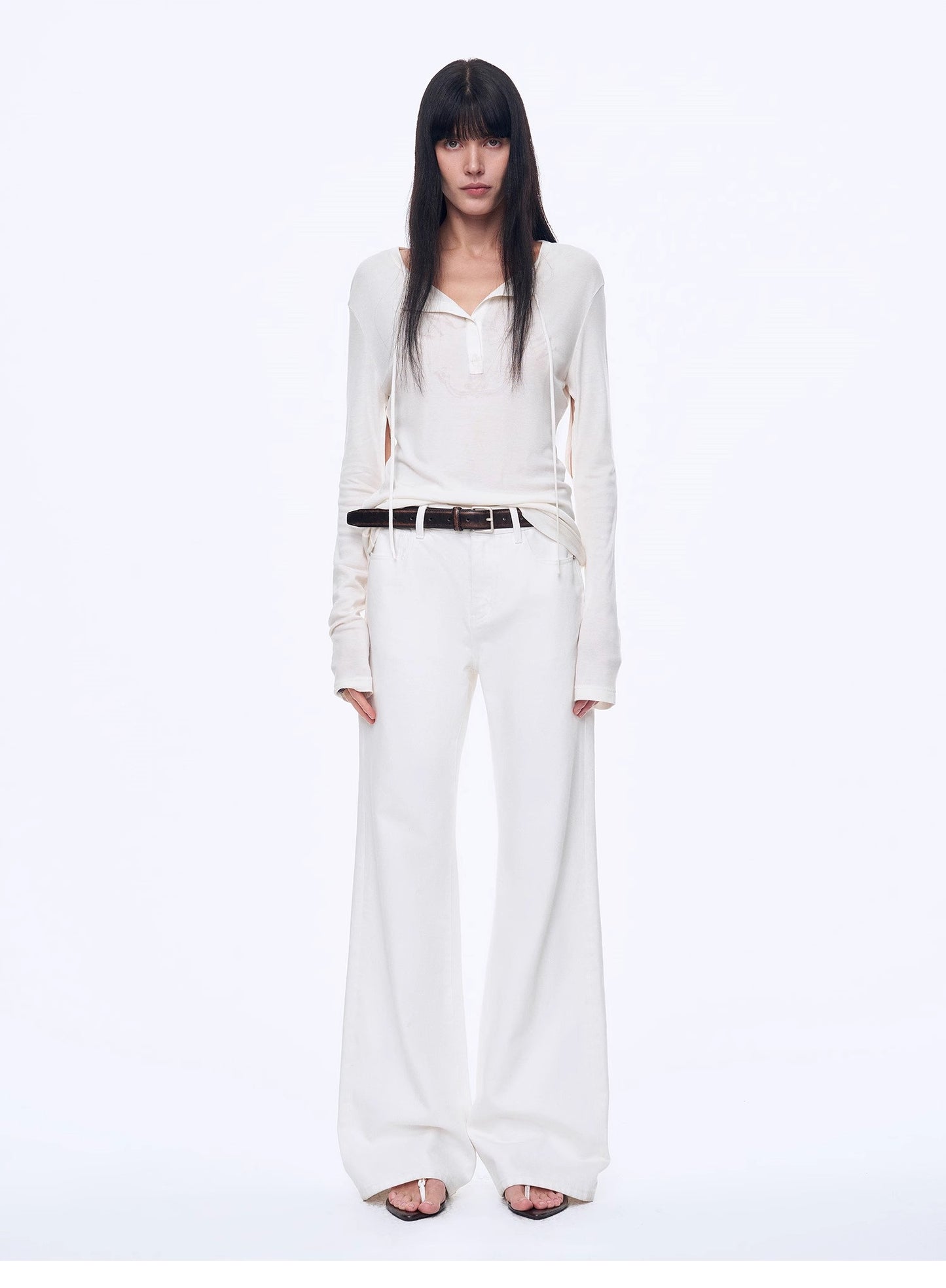 "Minimal Message" ethnic print modal knit henley collar tie long sleeve T-shirt top