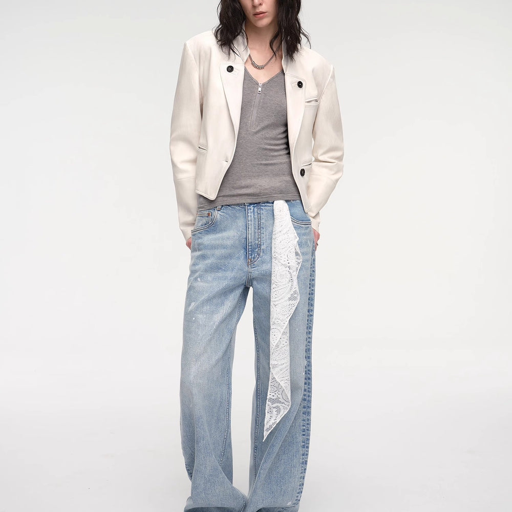 "Roman Story" Stand Collar Suit Sheepskin Leather Short Jacket