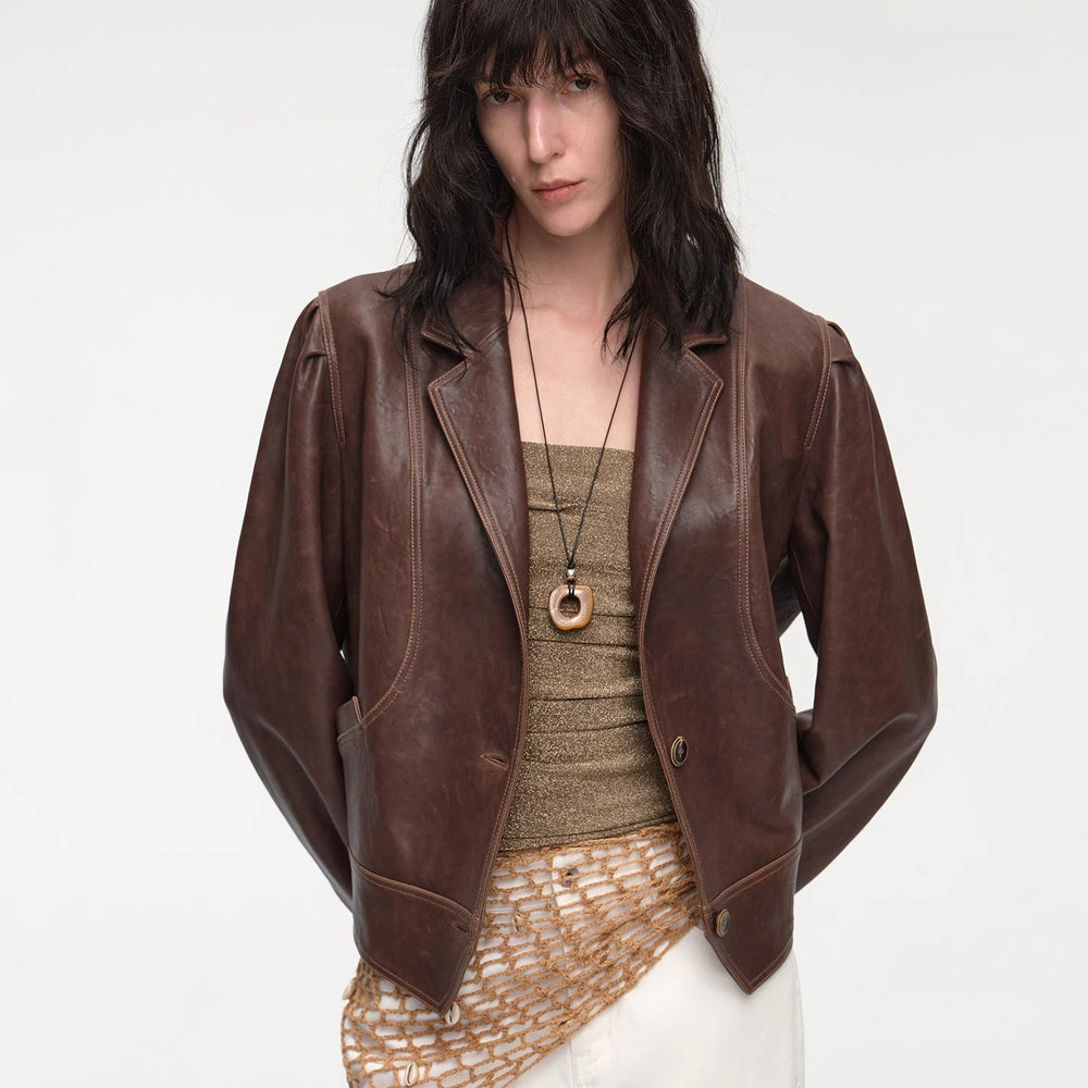 "Vintage Old Stories" New Zealand imported waxed sheepskin distressed short leather jacket