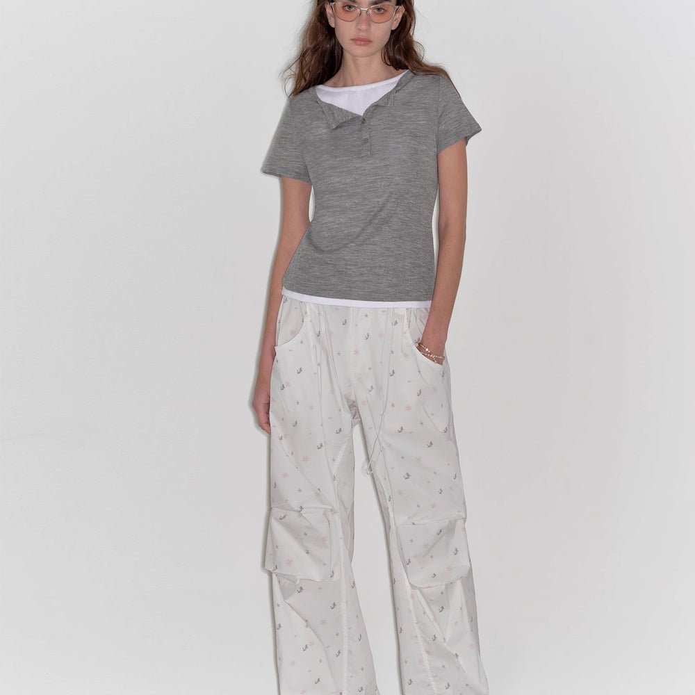 "Simple Advent" Fine Australian Wool Skin-Friendly Fit Henley Neck Tight T-Shirt