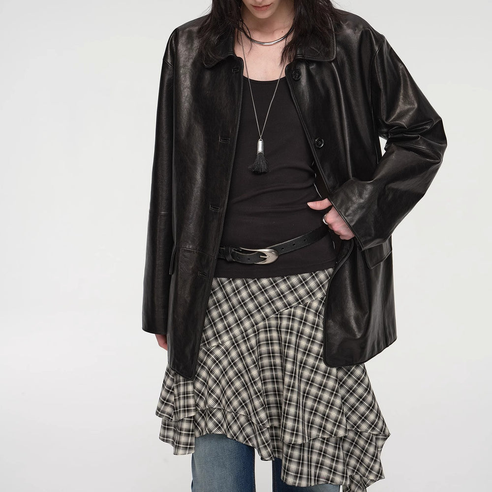 "Fashionable Kuoxi" goatskin simple and versatile retro suit-style leather windbreaker jacket