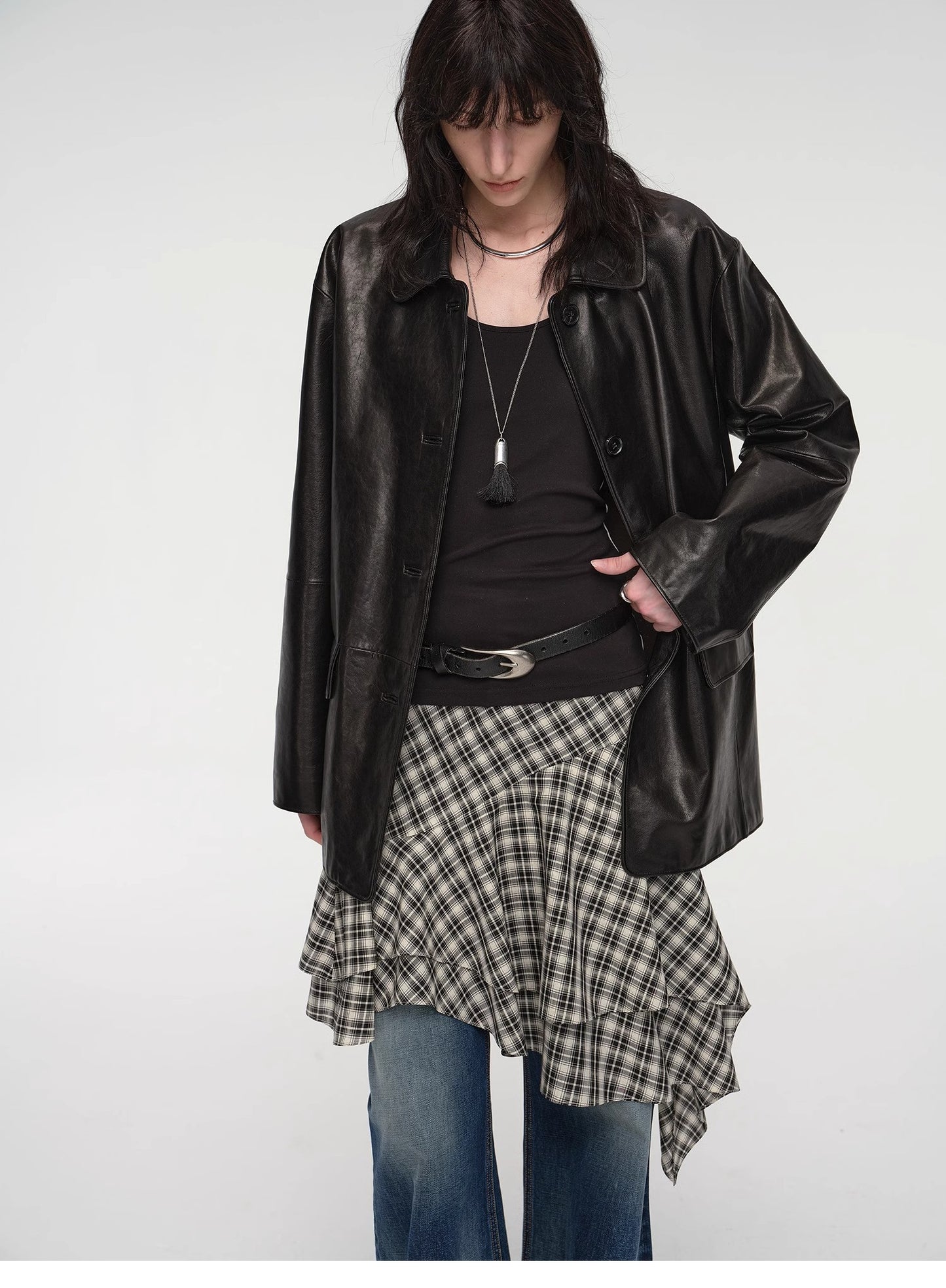 "Fashionable Kuoxi" goatskin simple and versatile retro suit-style leather windbreaker jacket