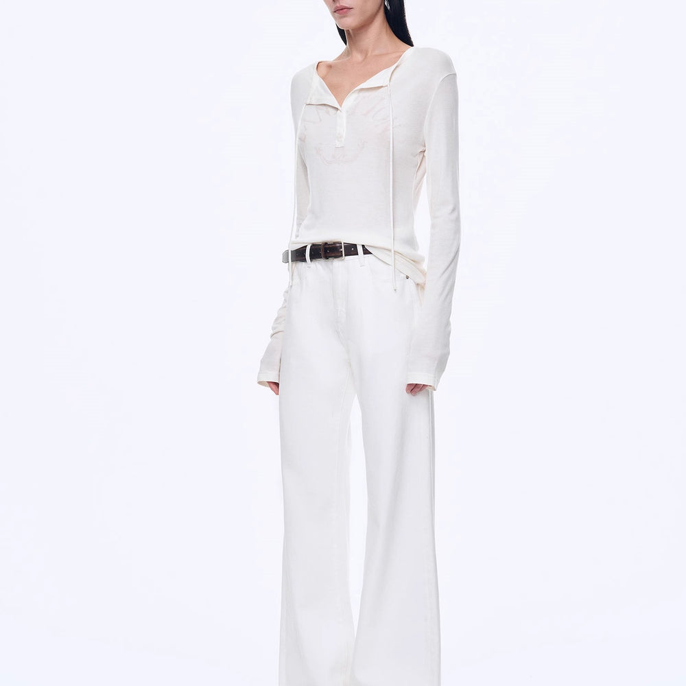 
                  
                    "Minimal Message" ethnic print modal knit henley collar tie long sleeve T-shirt top
                  
                