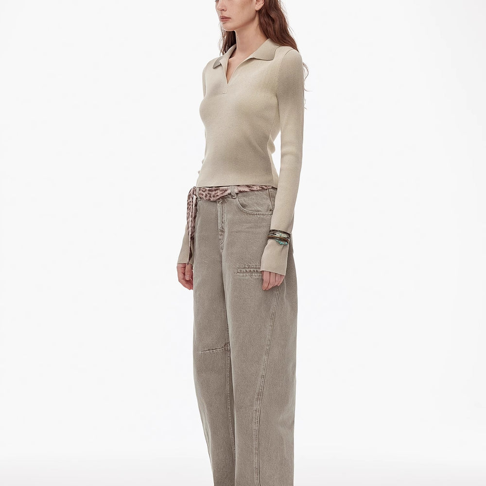
                  
                    "Artistic Abstract" sfumato distressed printed merino wool waisted polo collar long sleeve short knit sweater
                  
                