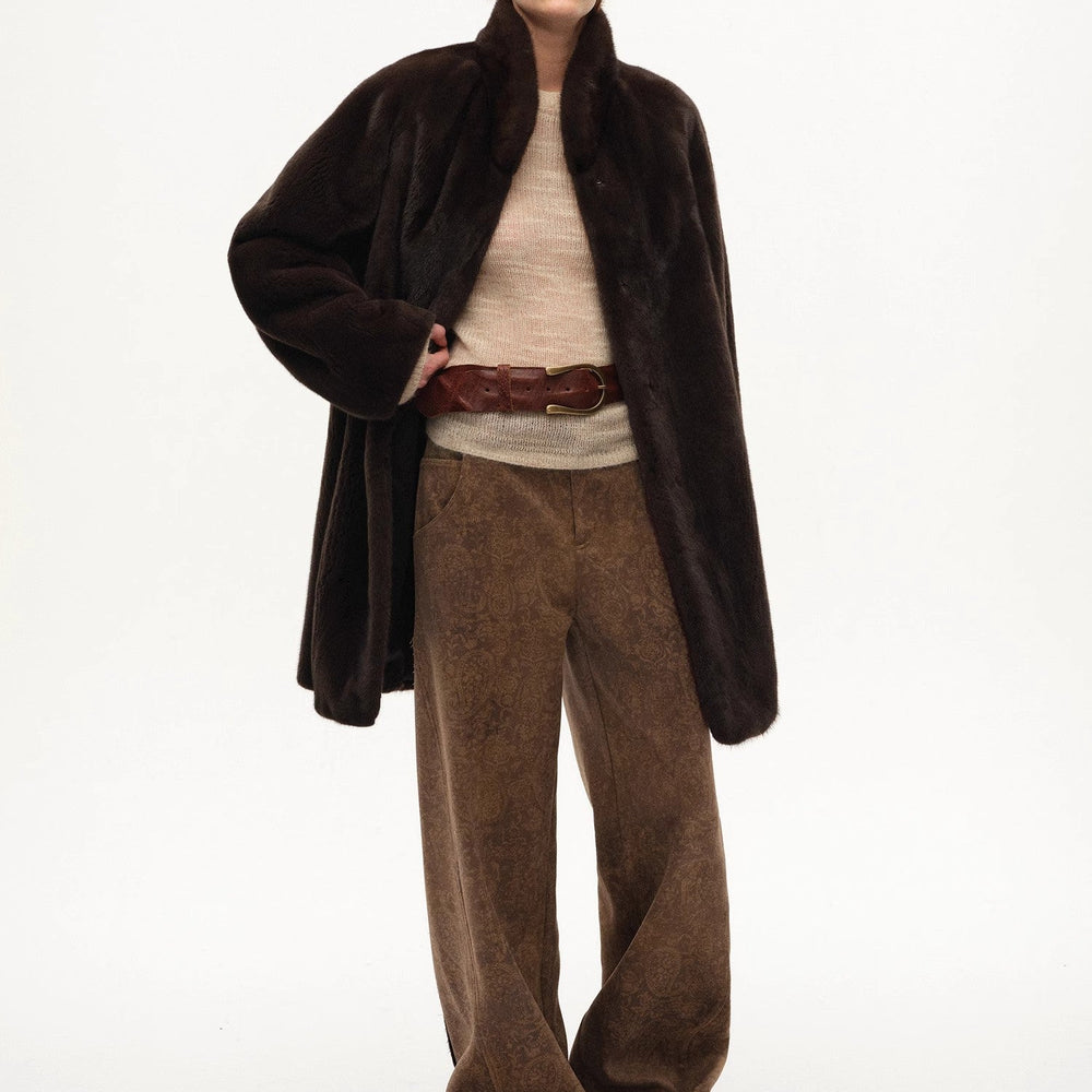 
                  
                    "Vintage Walk" Retro nostalgic chenille suede mid-rise cashew smudge print scimitar pants
                  
                