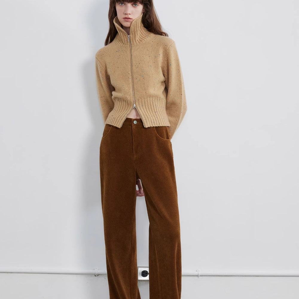 "Autumn Breeze Tea" colorful dotted wool-blend double-zip knitted cardigan short stand-up collar sweater