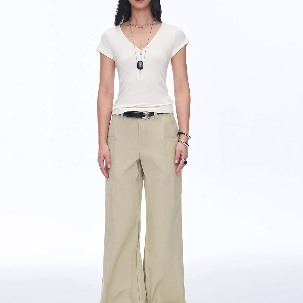 "Simple Color Silent Film" Australian Wool Tencel V-neck Zipper T-shirt