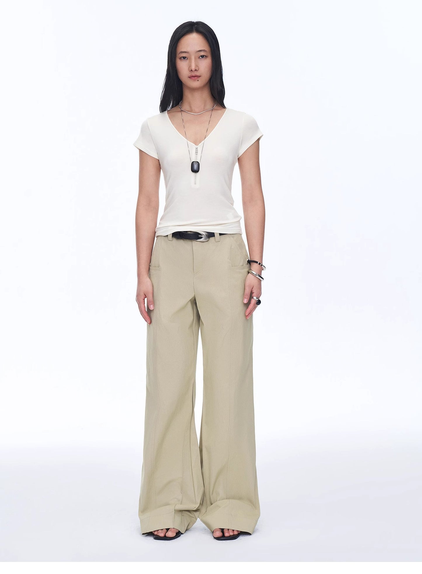 "Simple Color Silent Film" Australian Wool Tencel V-neck Zipper T-shirt