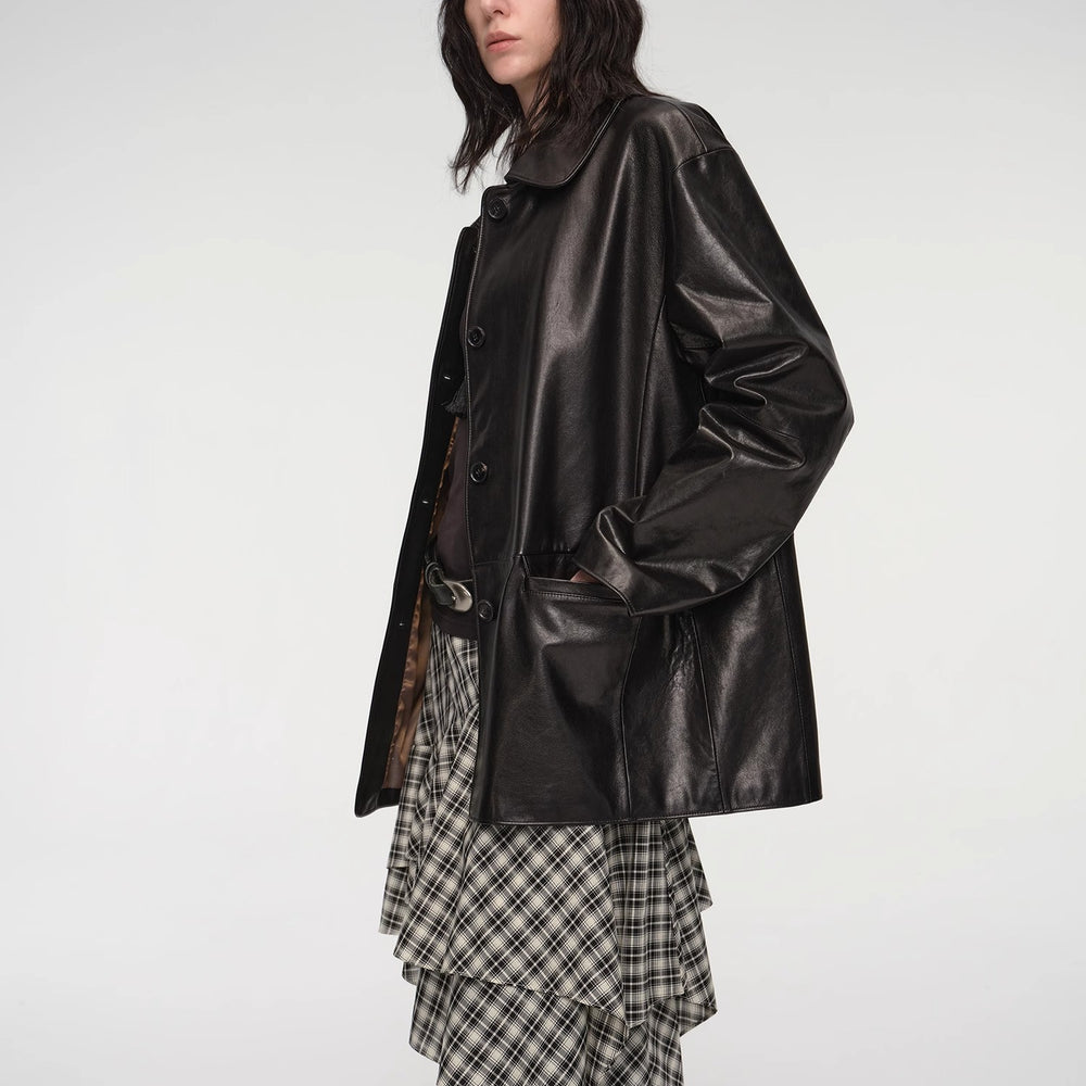 
                  
                    "Fashionable Kuoxi" goatskin simple and versatile retro suit-style leather windbreaker jacket
                  
                