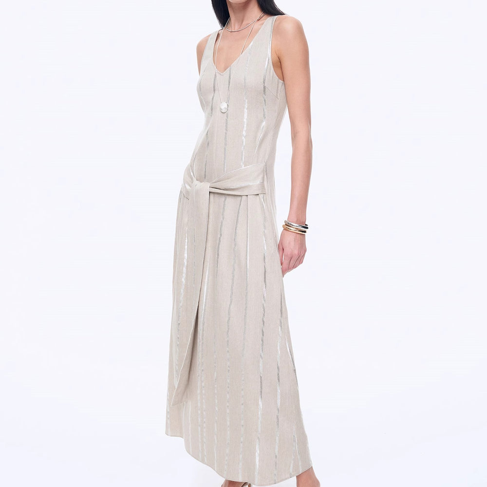 
                  
                    "Milan Holiday" Silver Striped Linen V-Neck Drape Dress
                  
                