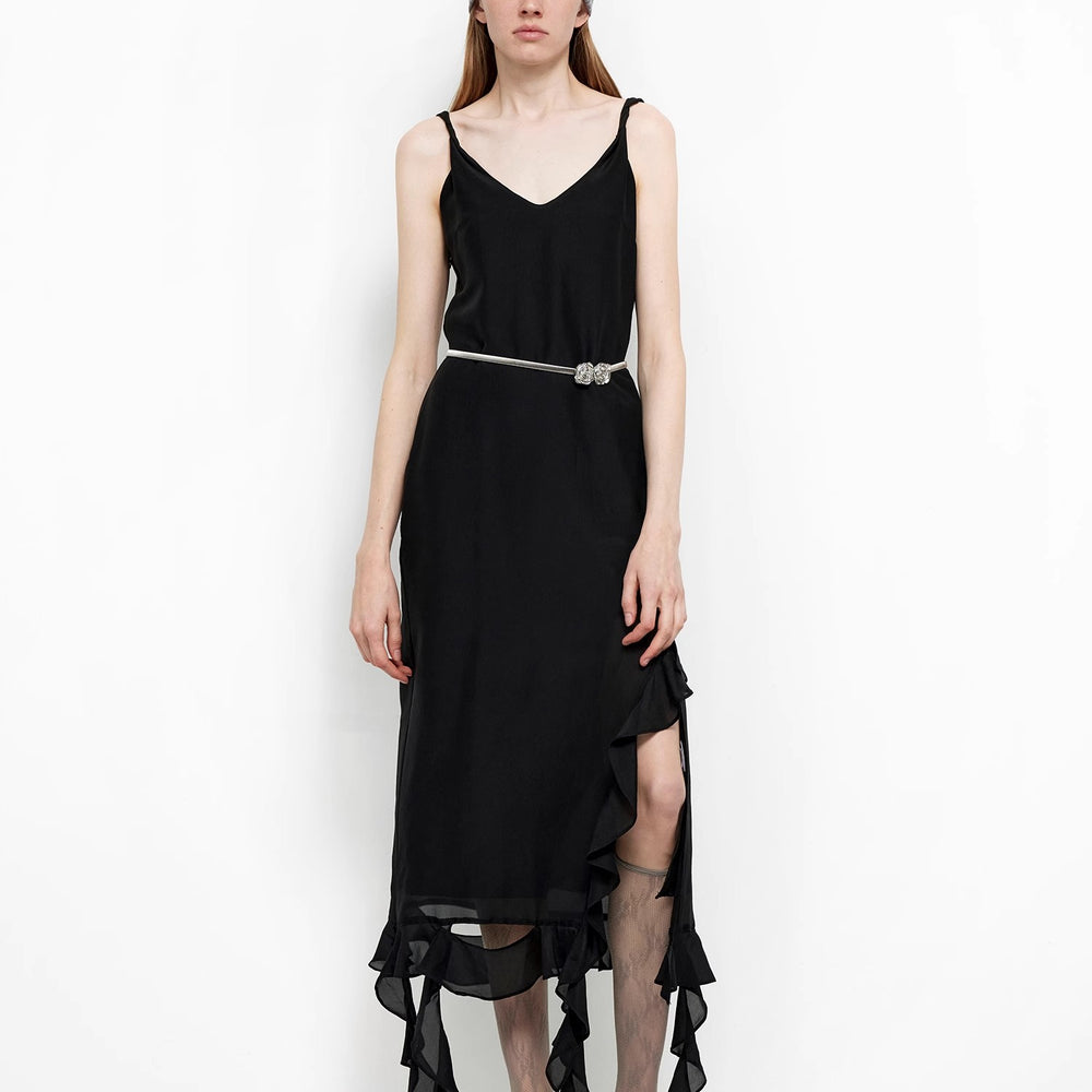 
                  
                    "Rosy Ombre" Acetate Mulberry Silk V-Neck Ruffled Draped Twist Strap Summer Dress
                  
                
