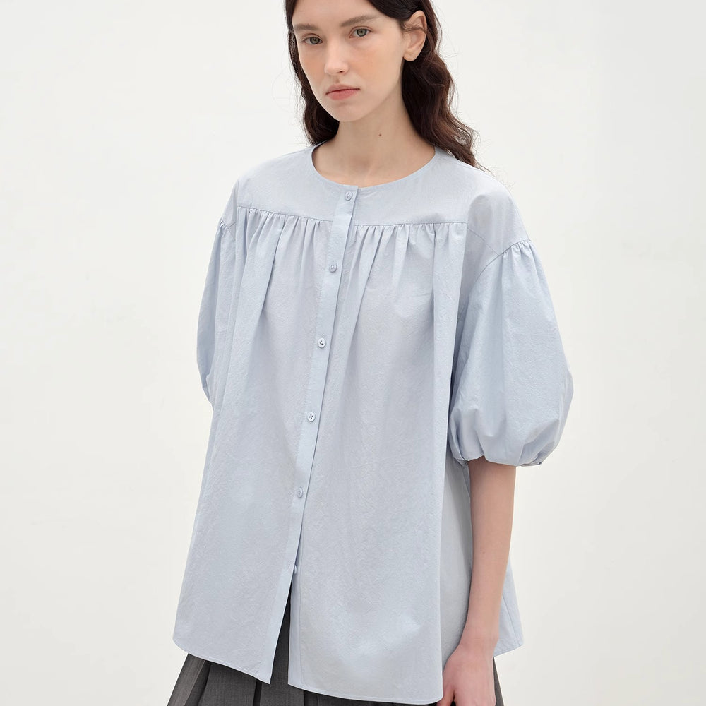 
                  
                    "Romantic Line Drawing" Pure Cotton Slightly Wrinkled Puff Sleeve Short Top for Women
                  
                