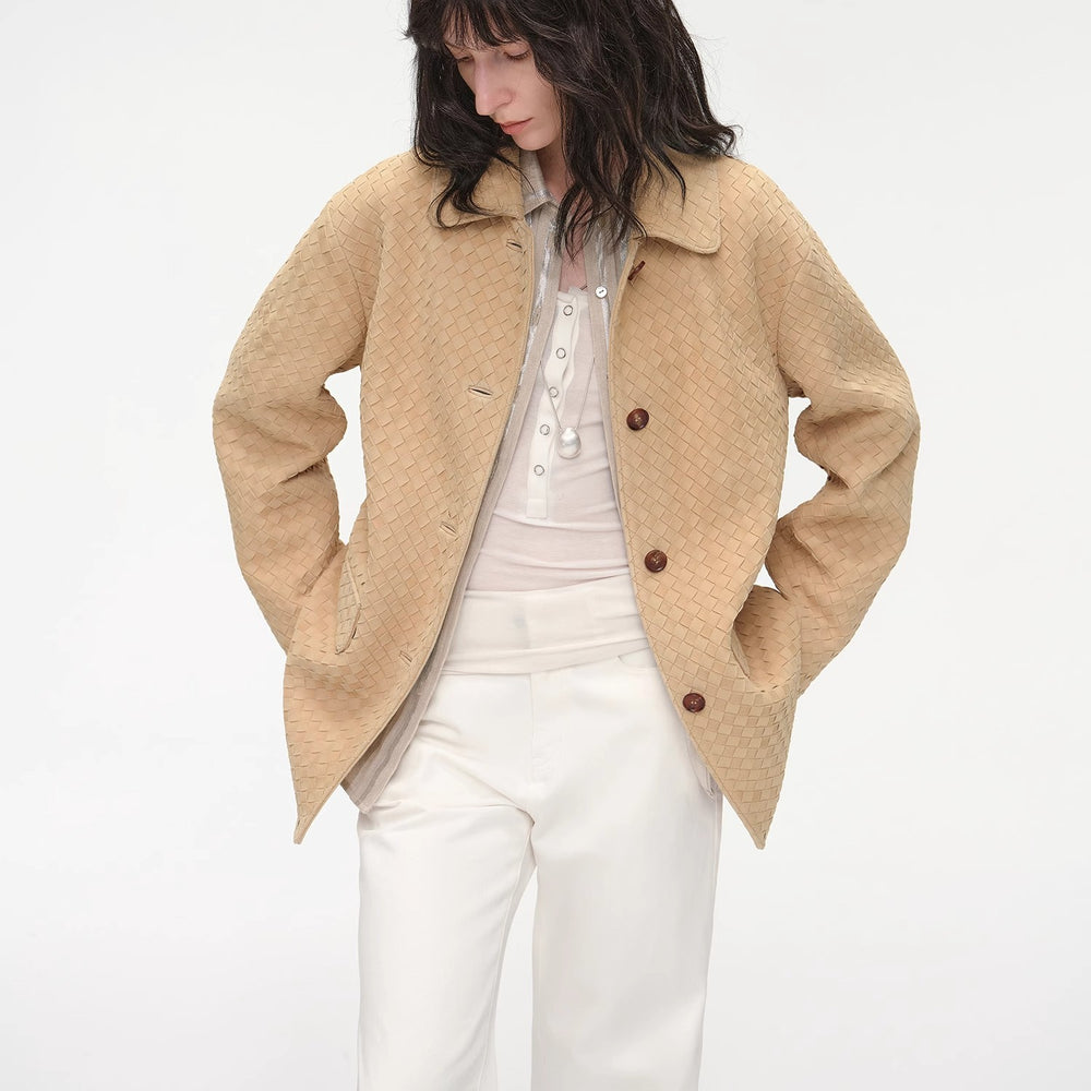 
                  
                    "Rembrandt Night" New Zealand imported lambskin perforated woven leather jacket spring
                  
                