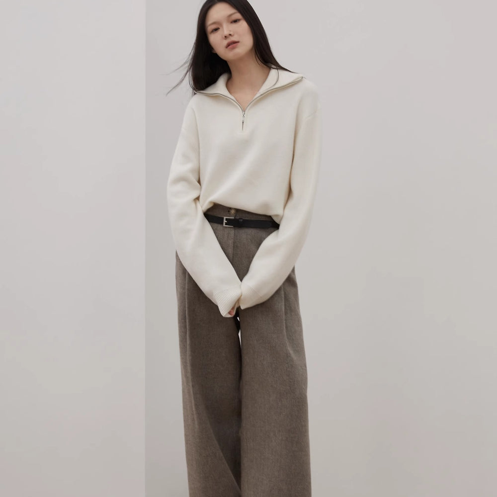 "Moonlight Farm" Merino wool lazy loose pullover sweater women's zipper turtleneck sweater