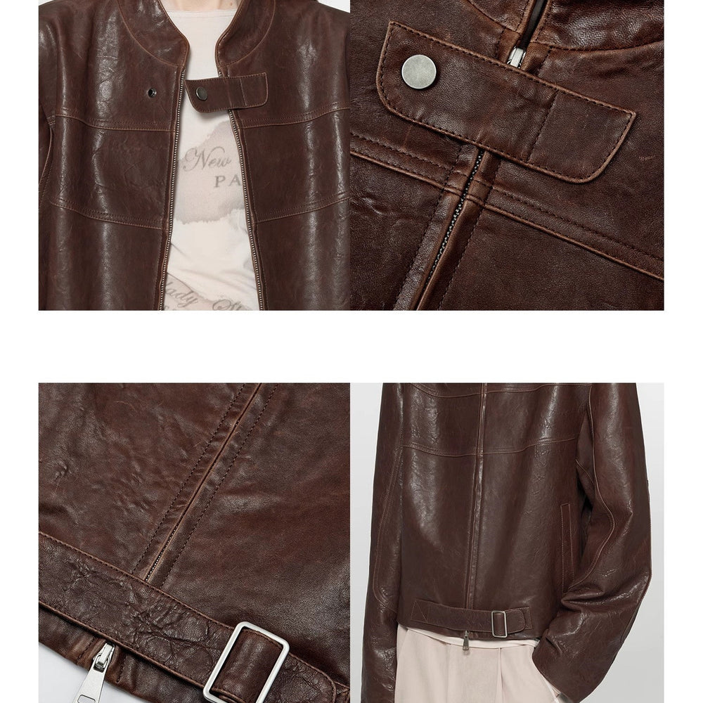 
                  
                    Caramel Mountain Retro  Stand Collar Short Motorcycle Leather Jacket
                  
                