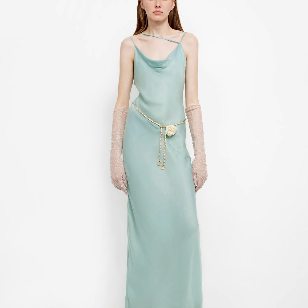 "Island Riddle" Glossy copper-ammonia silk satin light luxury swing collar slim fishtail suspender dress