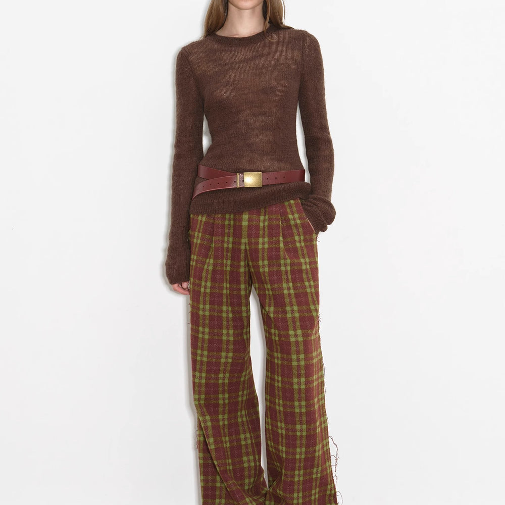 "Vintage Opportunity" High-Proportion Merino Wool Single Pleated Plaid Tweed Low-Rise Wide-Leg Casual Pants