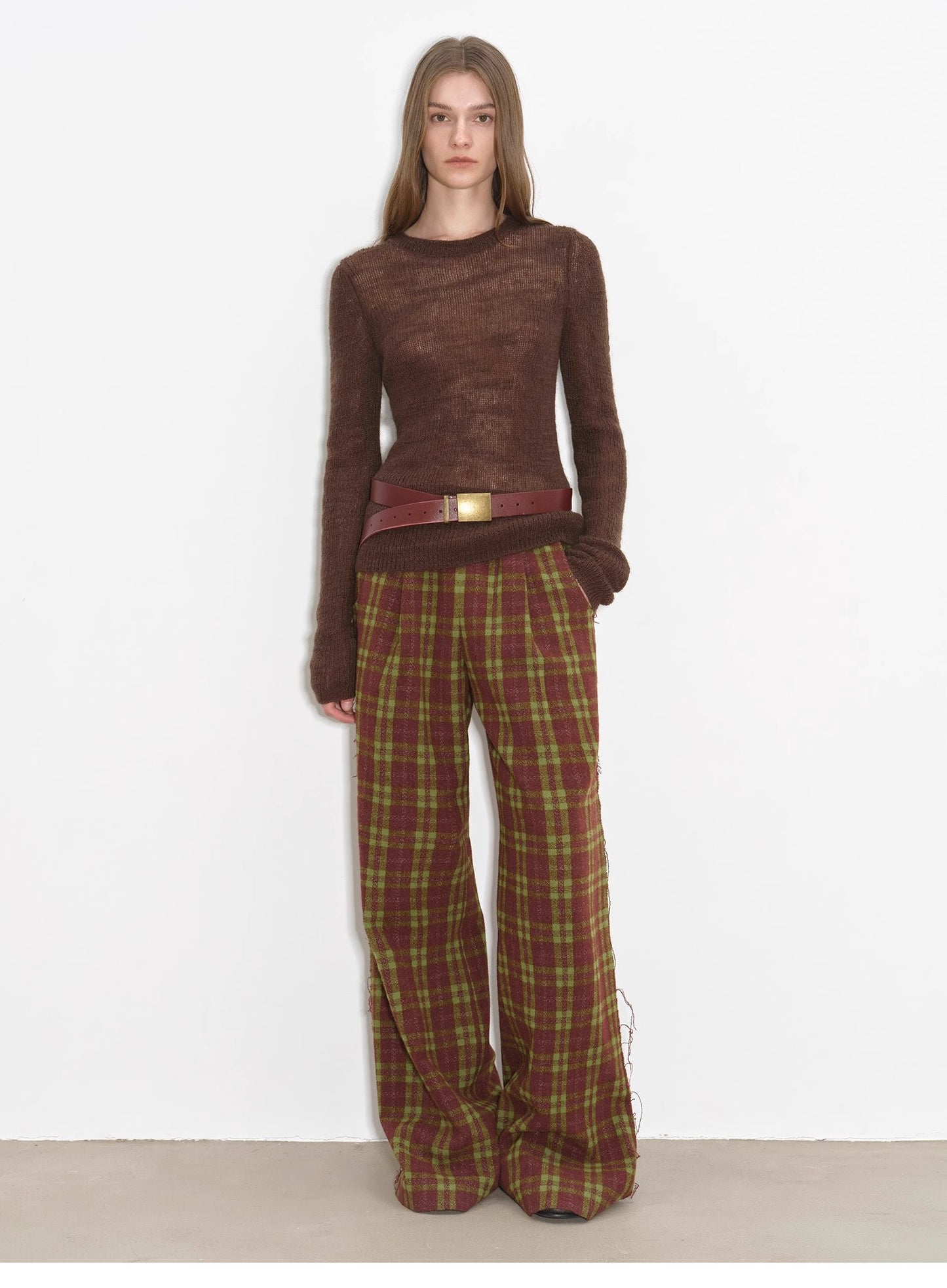 "Vintage Opportunity" High-Proportion Merino Wool Single Pleated Plaid Tweed Low-Rise Wide-Leg Casual Pants