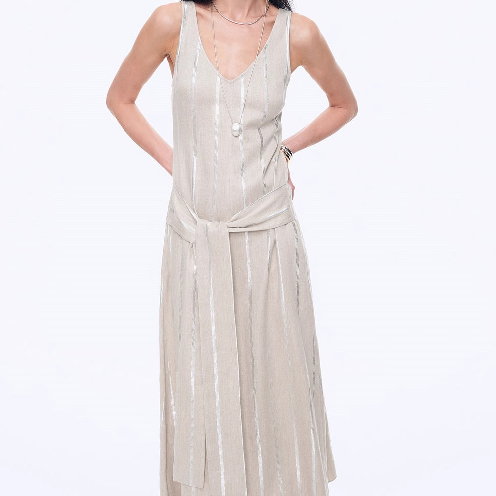 "Milan Holiday" Silver Striped Linen V-Neck Drape Dress