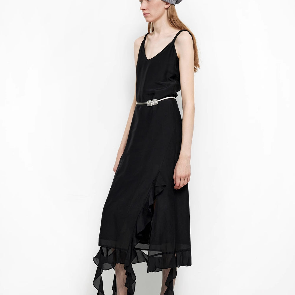 
                  
                    "Rosy Ombre" Acetate Mulberry Silk V-Neck Ruffled Draped Twist Strap Summer Dress
                  
                