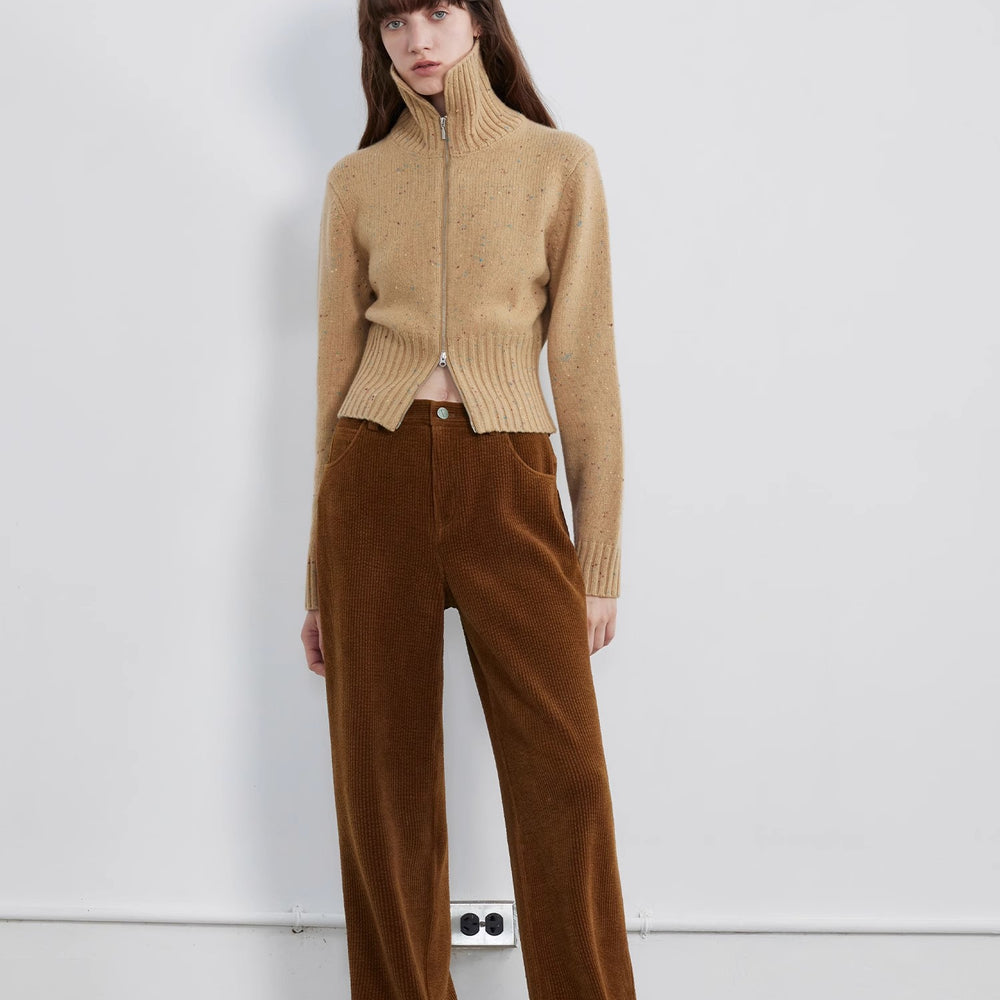 
                  
                    "Autumn Breeze Tea" colorful dotted wool-blend double-zip knitted cardigan short stand-up collar sweater
                  
                