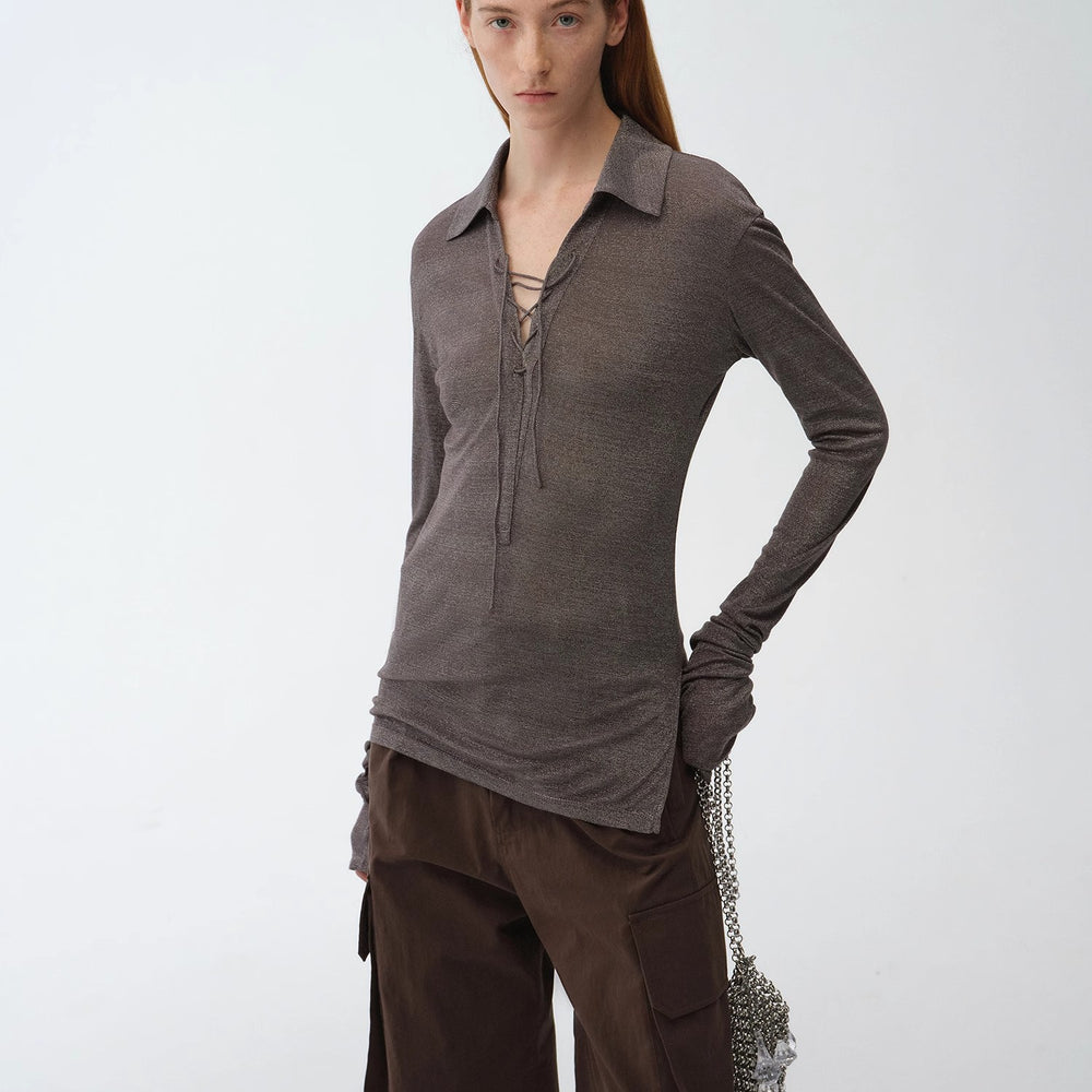 
                  
                    "Eiffel" light luxury silver silk knitted slightly transparent tie lapel slim drape long sleeve knitted top
                  
                