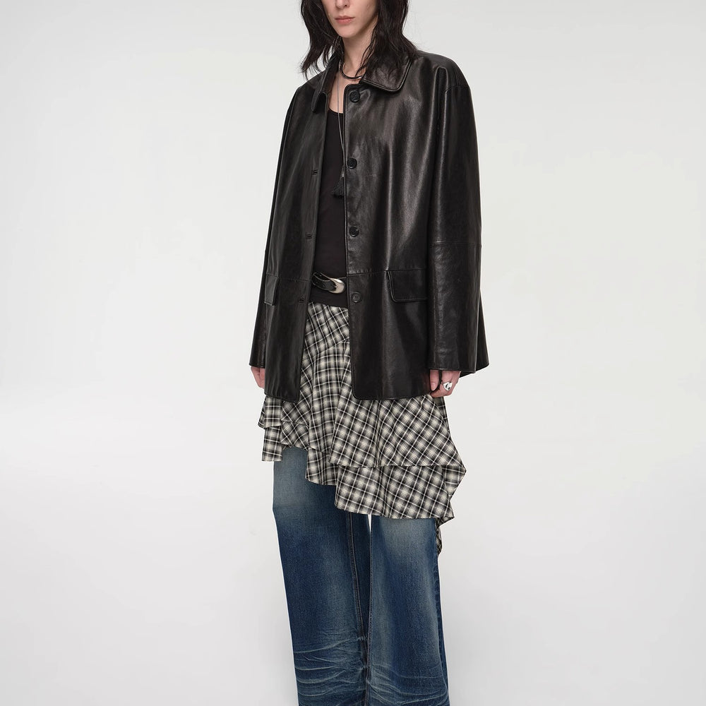 "Fashionable Kuoxi" goatskin simple and versatile retro suit-style leather windbreaker jacket